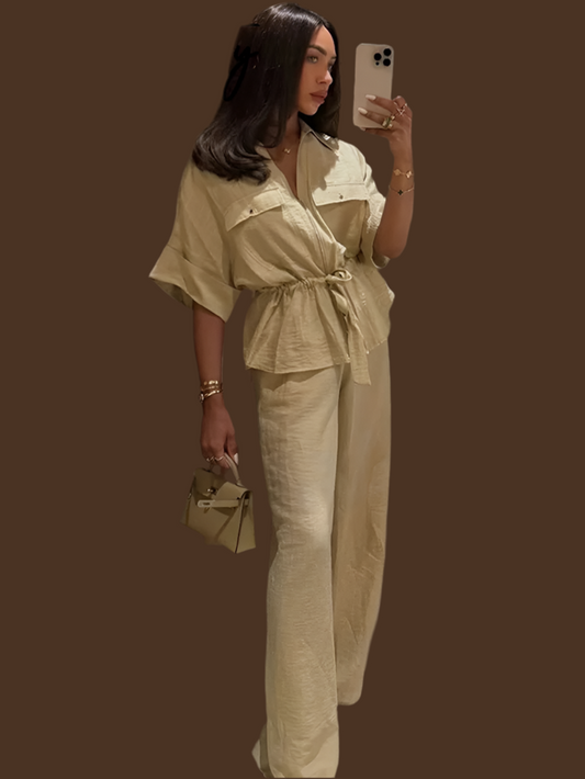 Ensemble chemise à nouer et pantalon beige